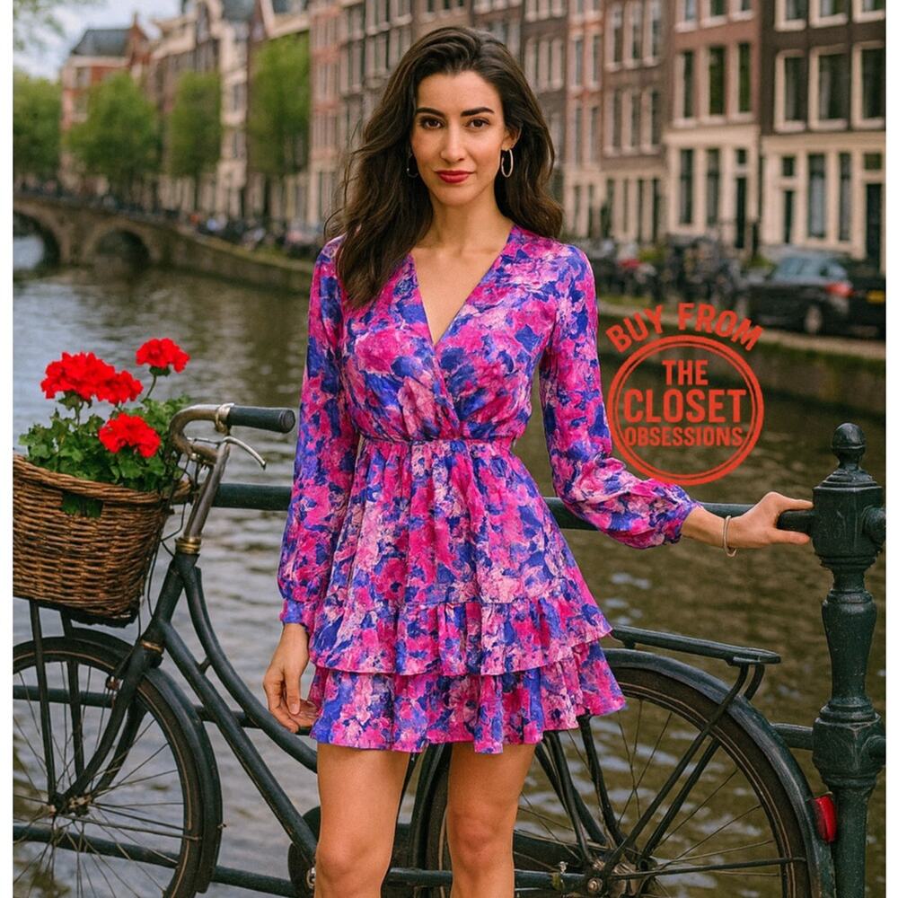 ZARA Pink Floral V Neck Mini Dress NWT Flounce Hem Resort Vacation Dress M - Picture 3 of 16